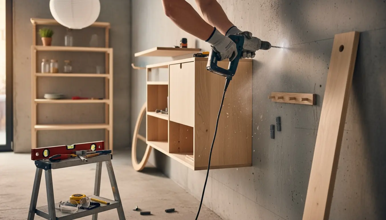 Hænder med boremaskine monterer hylder og et lyst træskab på en betongrå væg med værktøj i forgrunden.
