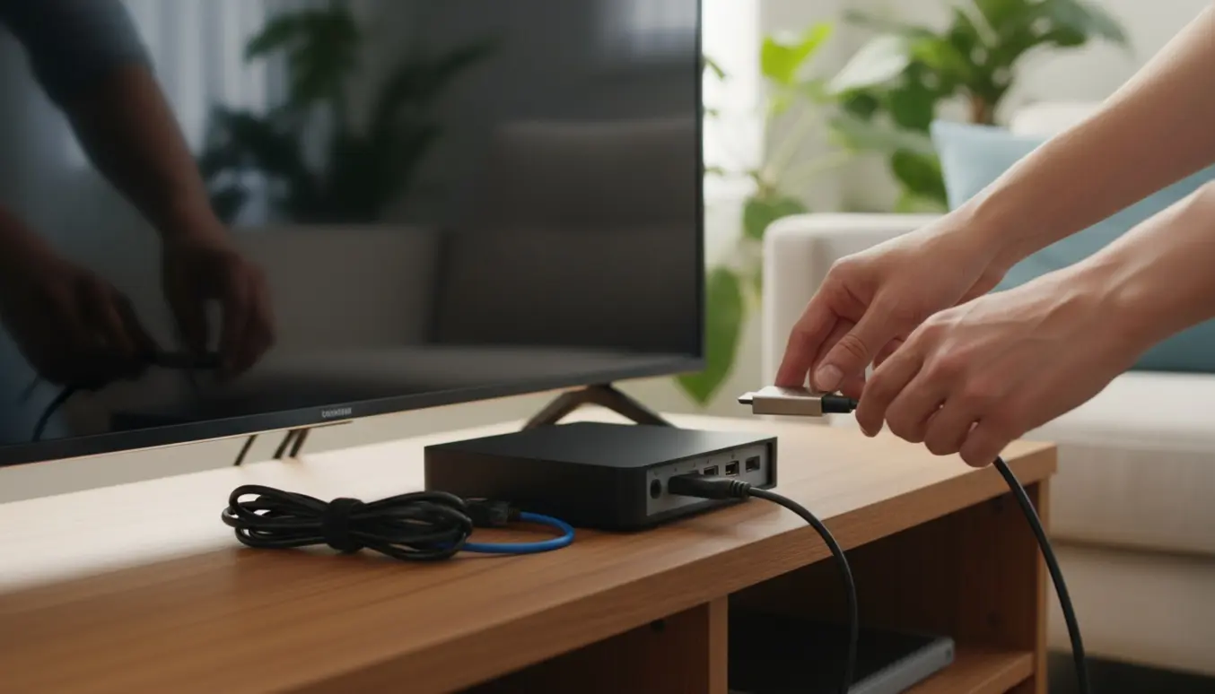 Hænder tilslutter et HDMI-kabel fra en tv-boks til bagsiden af et fjernsyn i en lys, ryddelig stue.
