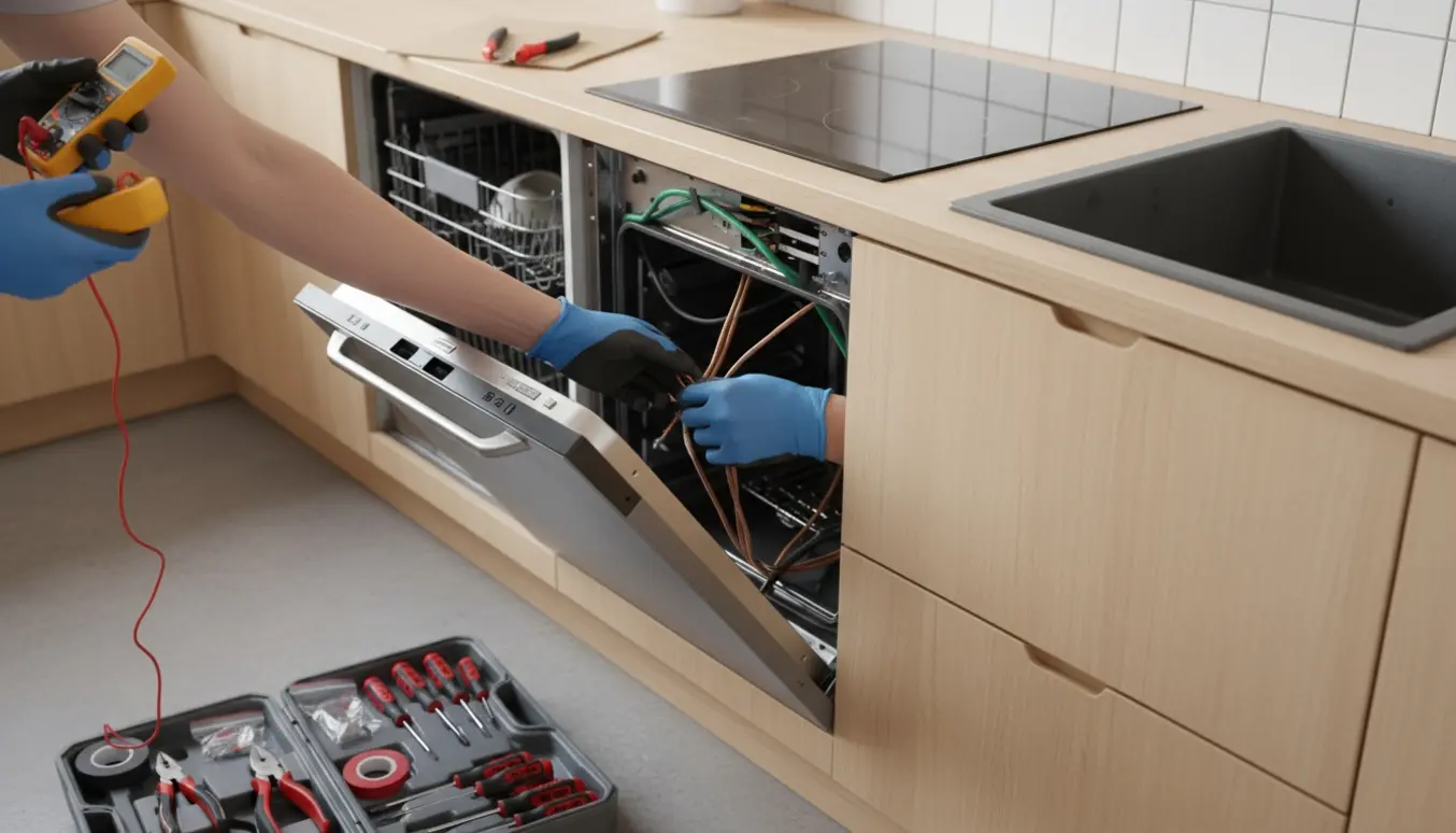 Elektriker i handsker tilslutter kabler til ovn, kogeplade og opvaskemaskine i et nyt køkken.
