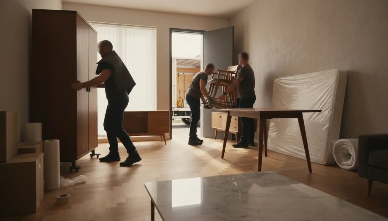 Flyttemænd læsser borde, stole, skænk, skab, skrivebord, marmorbord og seng ind i en flyttebil uden tydelige ansigter.