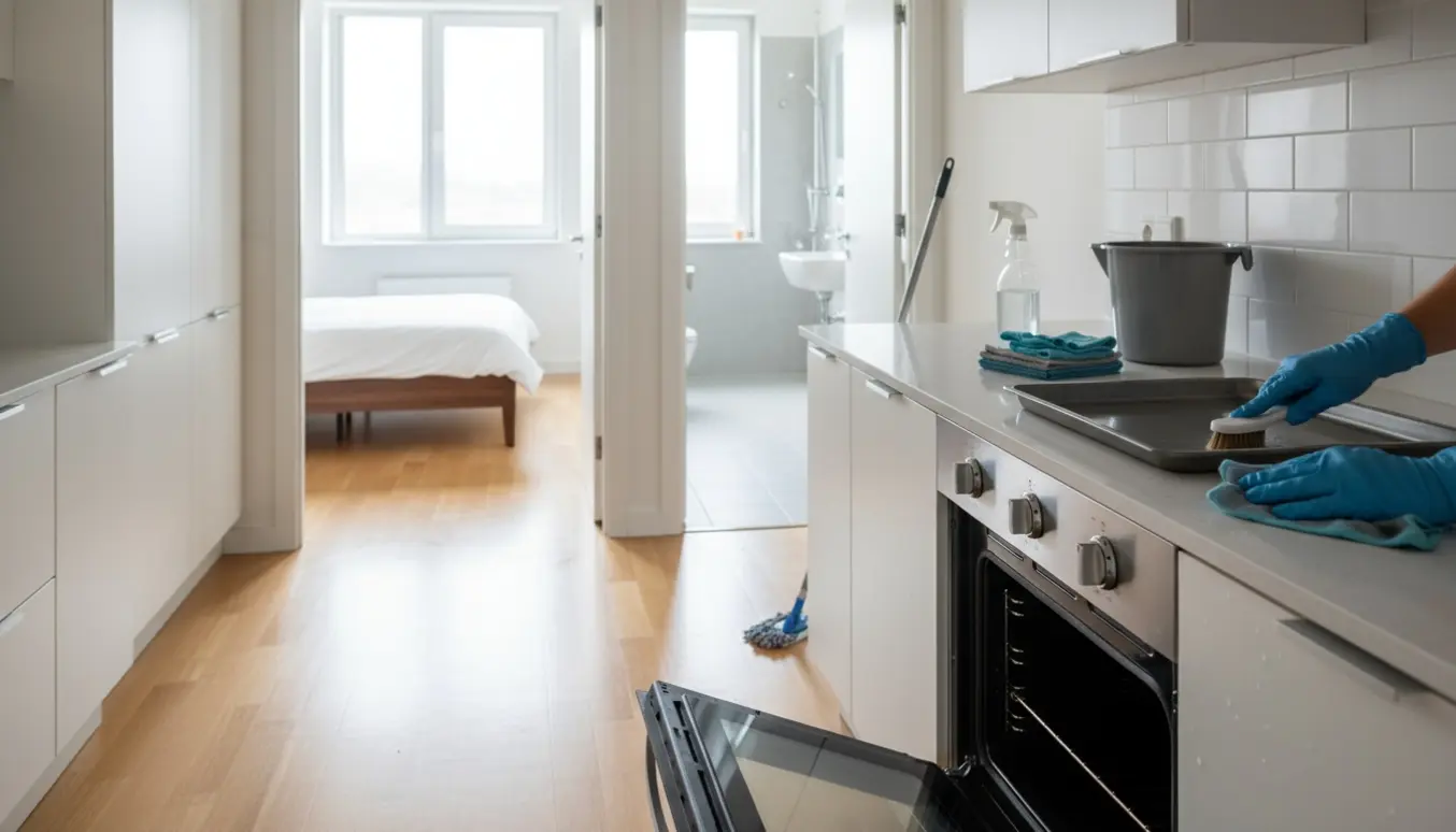 Nyvasket tom lejlighed med åben ovn og rengøringsudstyr, skinnende gulve og rene overflader.