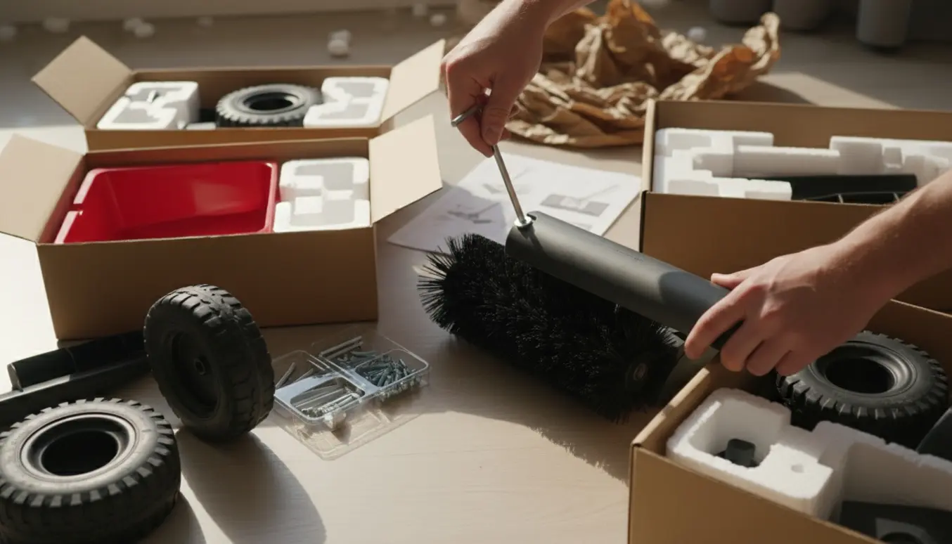 Hænder samler en fejemaskine med dele og værktøj spredt ud fra fire åbne kasser i blødt dagslys.