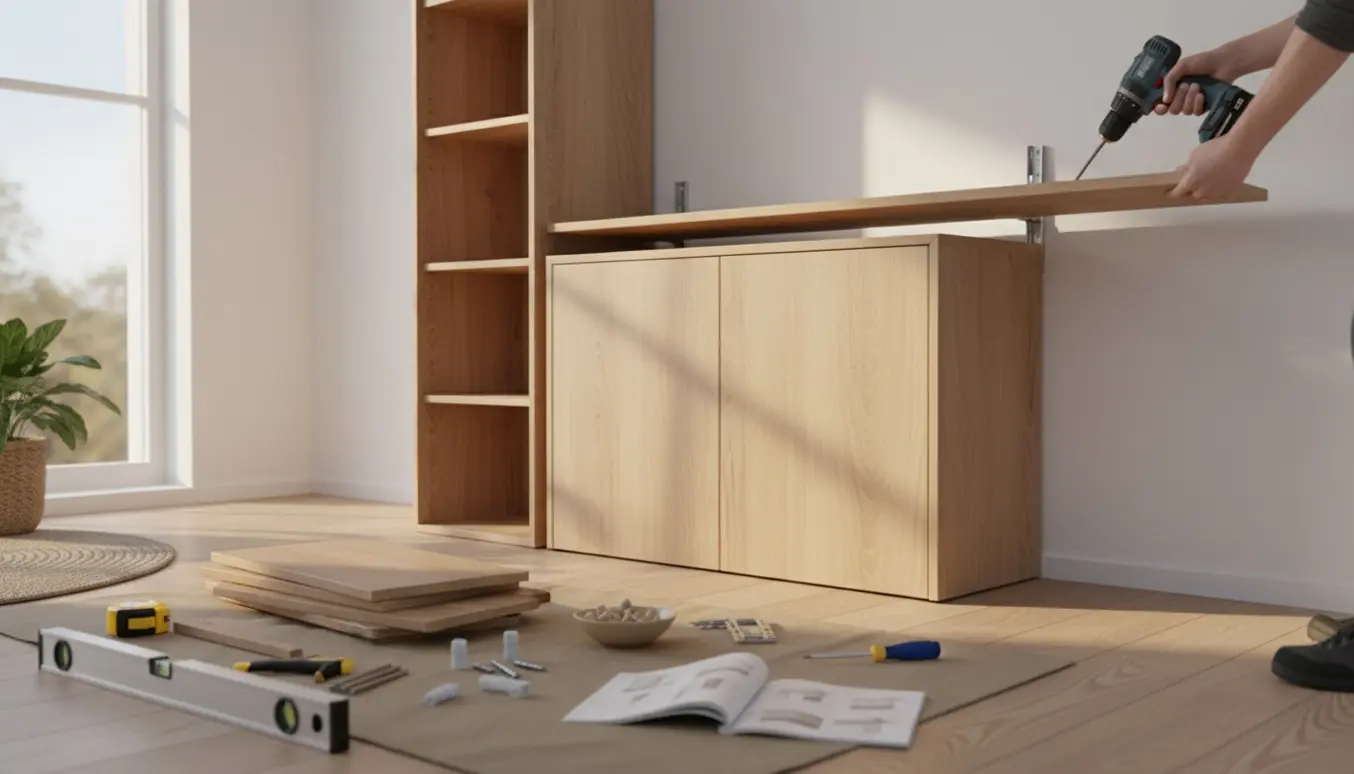 Hænder monterer to fladpakkede skabe på en hvid væg med boremaskine, vaterpas og skruer.
