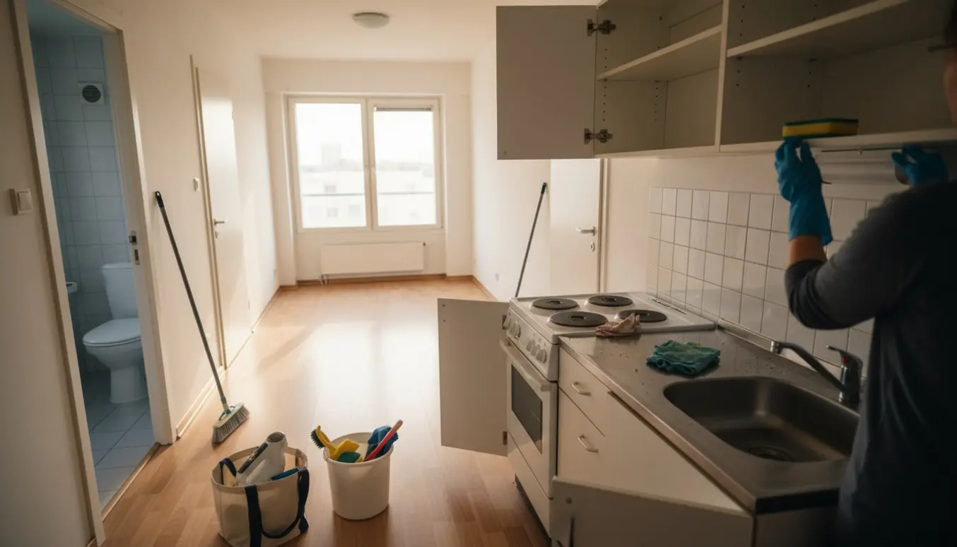 Rengøringsperson med udstyr i en lejlighed klar til fraflytningsrengøring, uden rengøringsmidler i skabe.