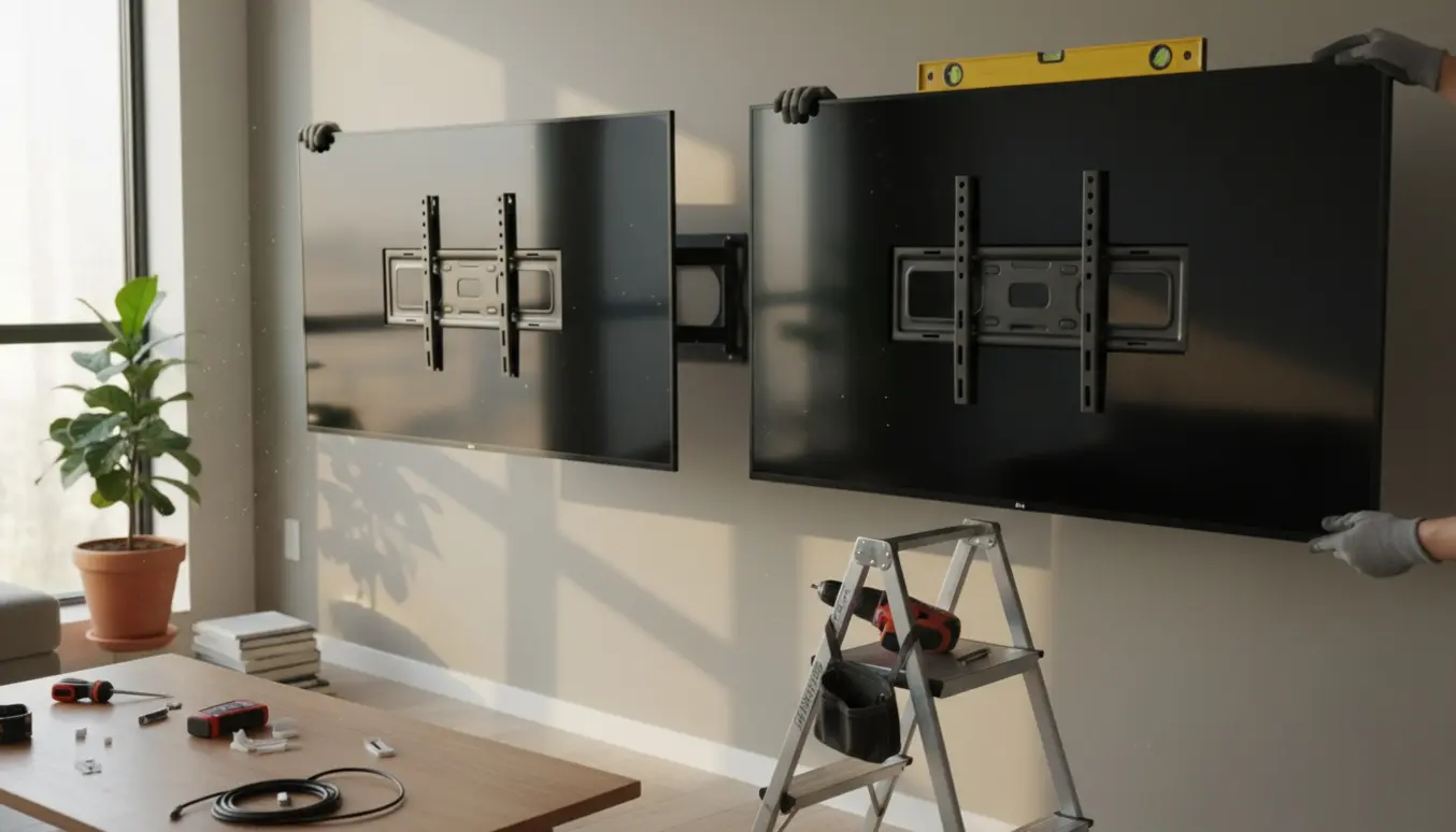 To fladskærms-tv hænges op på en væg i en moderne stue, med beslag og værktøj i fokus.