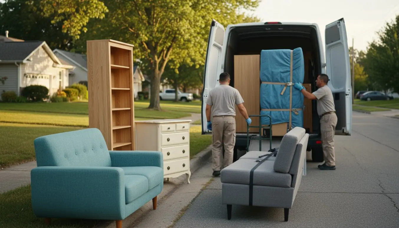 To flyttefolk læsser sofa, reol, kommode, sovesofa og køleskab ind i en varevogn ved fortovet.