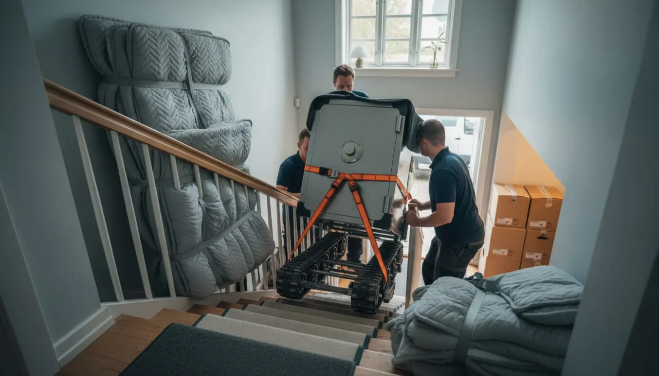 Flyttemænd fører et meget tungt pengeskab ned ad en meget stejl trappe mod en kælder, med flyttetralle og indpakkede møbler.