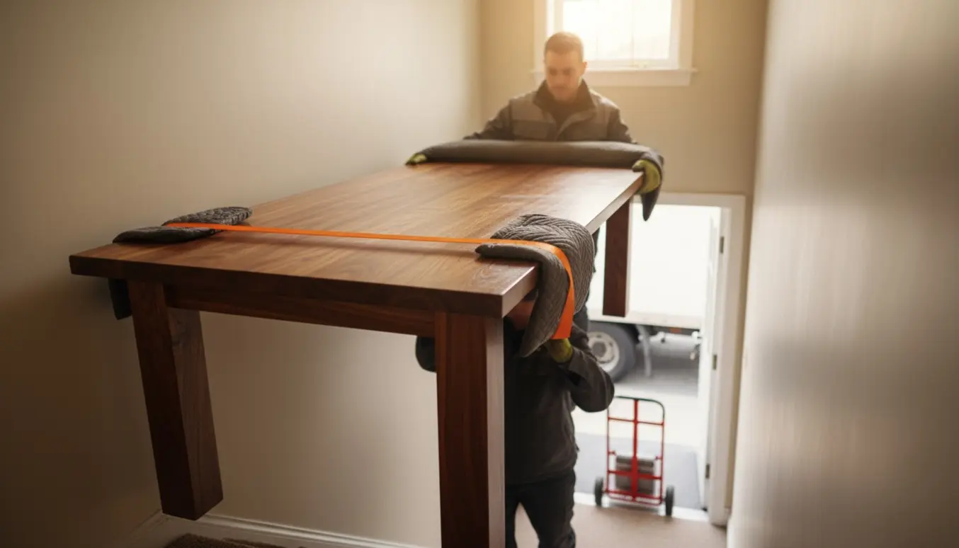 To personer bærer et stort træspisebord med fastmonterede ben ned ad en trappe mod en åben dør med flyttebil udenfor.