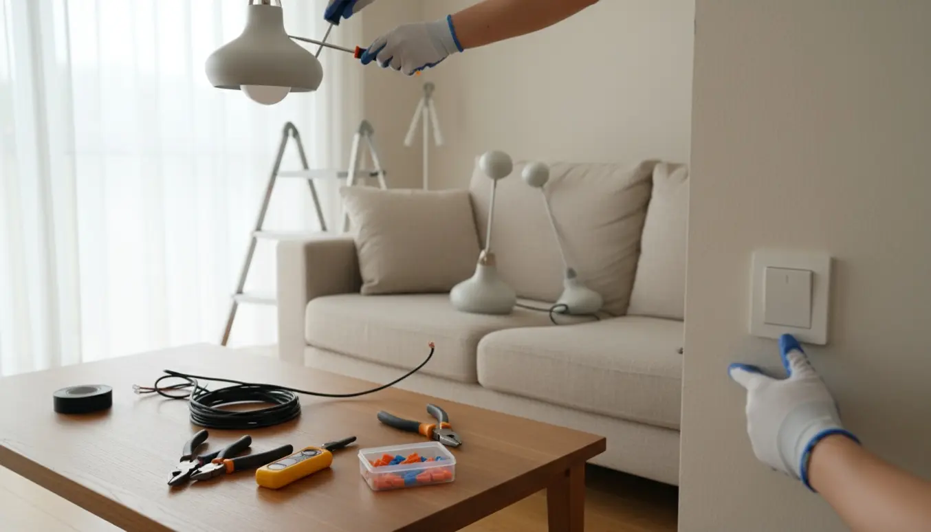 Hænder fjerner en loftslampe i en lys stue med værktøj og en anden lampe på sofaen.