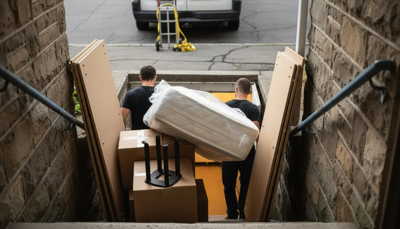 Flytning: personer bærer madrasser, fladpakkede skabe og flyttekasser ned i et kælderrum fra en stille villavej.