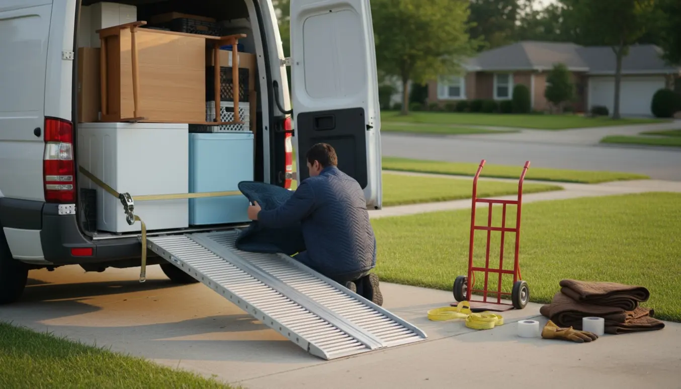 Varevogn lastes med storskrald: gamle maskiner, adskilt skrivebord samt pap og plastik.