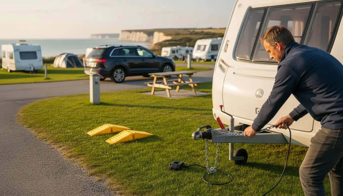 En hvid 8,6 m campingvogn bliver koblet på en SUV og parkeret på en kystnær campingplads ved Stevns.