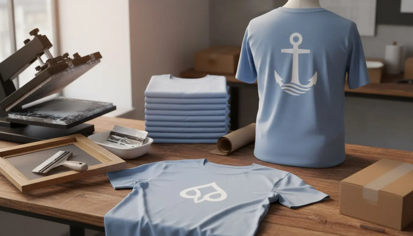 Lyseblå t-shirts med hvide tryk, en fladtliggende med brysttryk og en med rygtryk vist ved et trykkeribord.