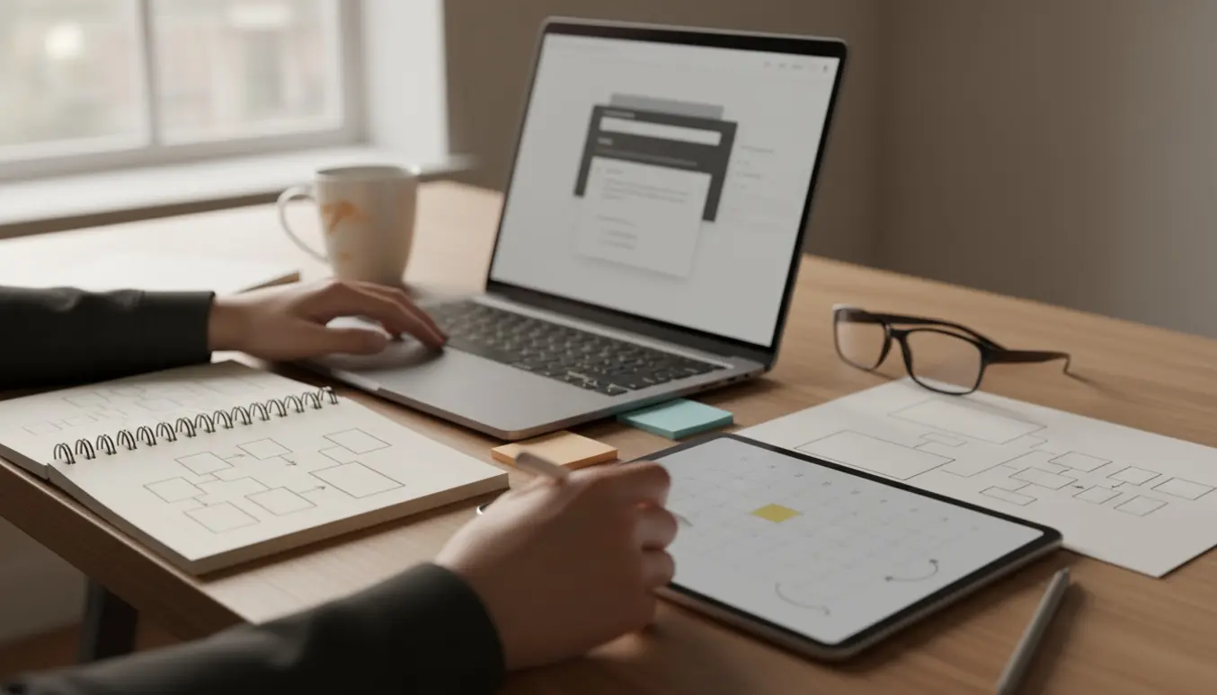 Nærbillede af hænder ved bærbar med skitse af menu og tablet med tom kalender, der illustrerer WordPress-problemer.