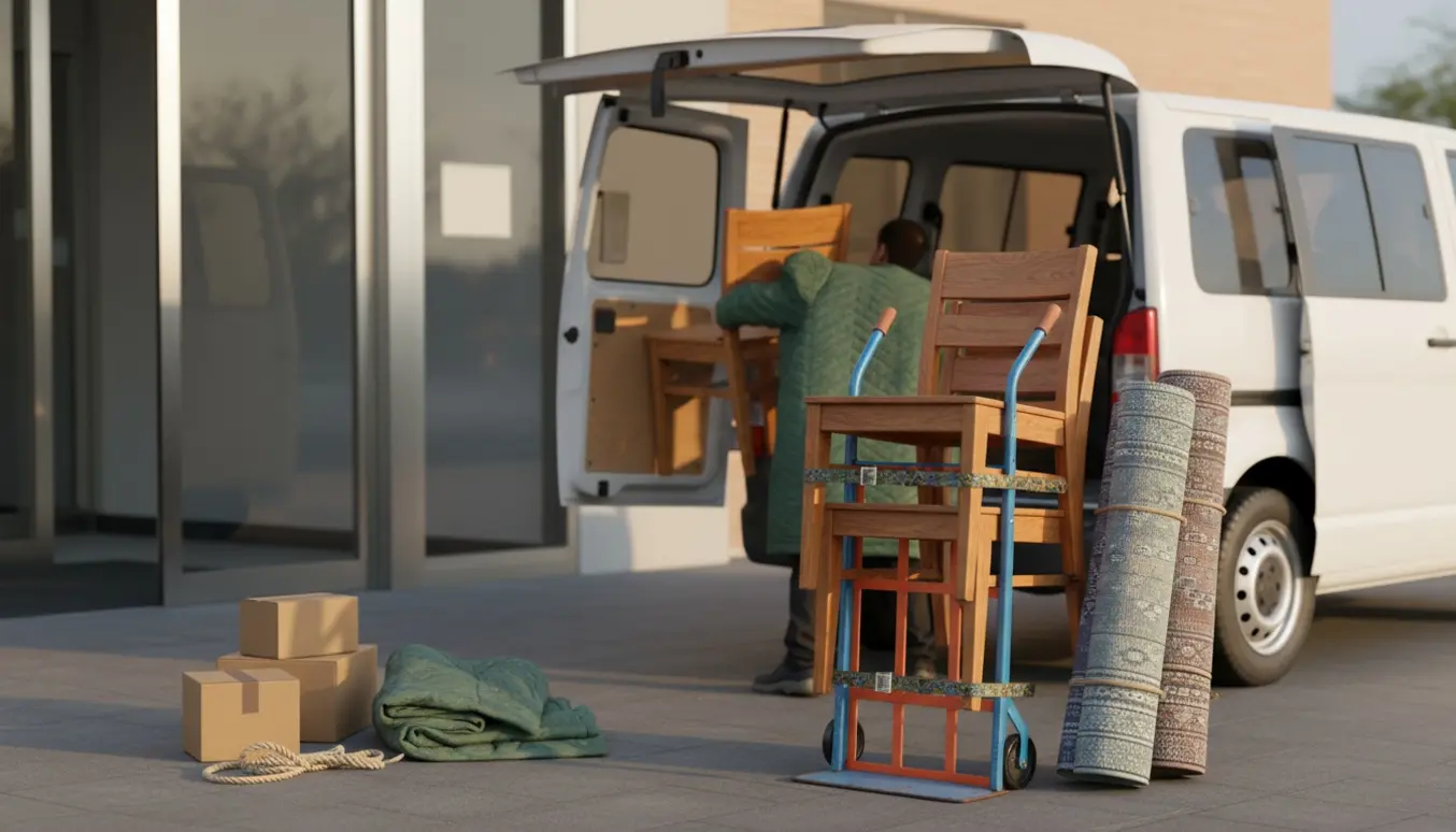 Fem stole og sammenrullede tæpper læsses i en lille flyttevogn ved en lejlighedsopgang.