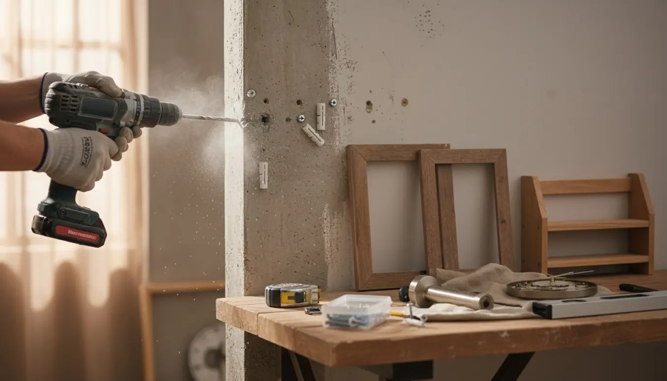 Nærbillede af væg med mange borehuller og en boremaskine klar til at montere rammer, badeværelsesstang, krydderihylde og vægur.