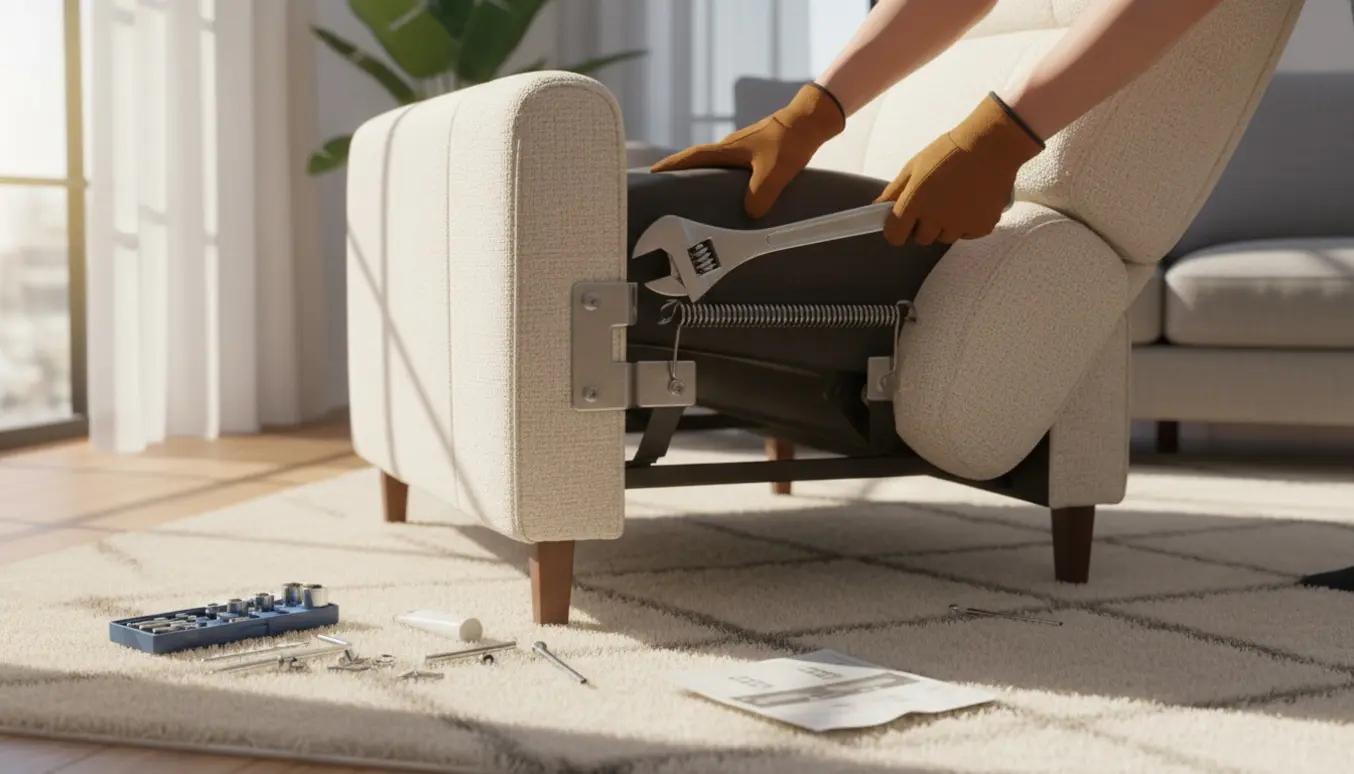 Hænder reparerer ryglænsmekanikken på en lænestol i en lys stue med værktøj på gulvet.