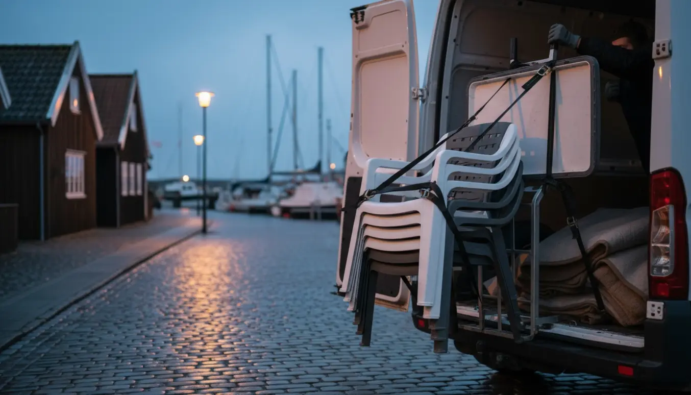 Plastikhavemøbler læsses i en varevogn ved aftentide i en dansk kystby.
