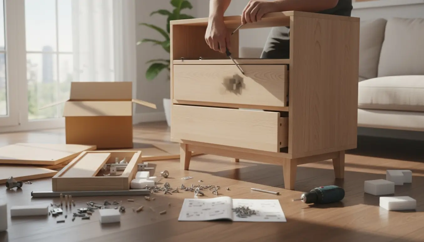 Nærbillede af samling af en fritstående kommode på gulvet med spredte skruer og værktøj, uden synligt ansigt.