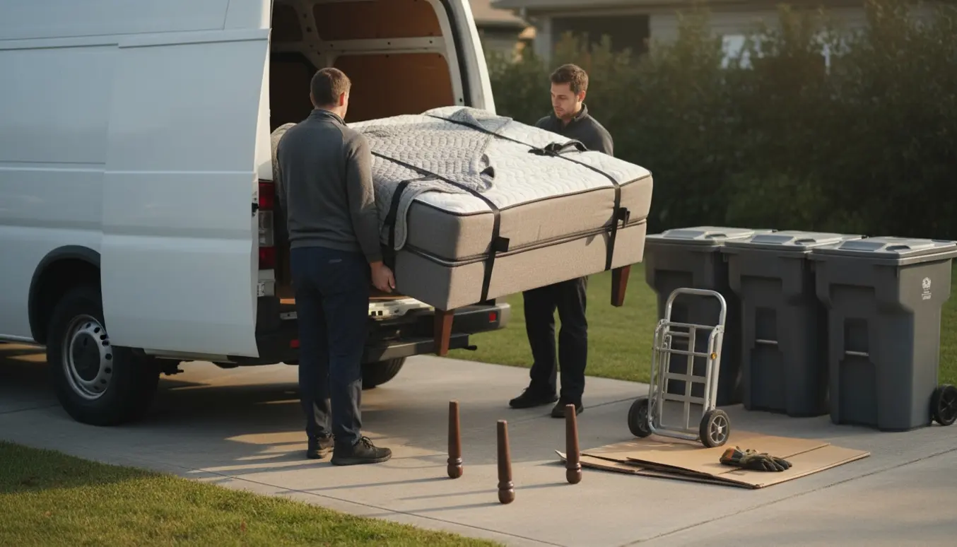 Boksmadras med træben løftes ind i en varevogn klar til bortskaffelse.