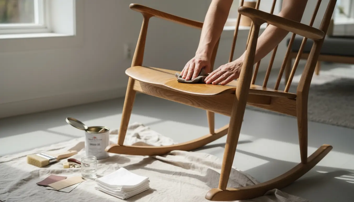 Nærbillede af en brugt Wegner J16 gyngestol, hvor hænder olierer træet med klud og den oilede overflade står i kontrast til det matte sæbebehandlede område.