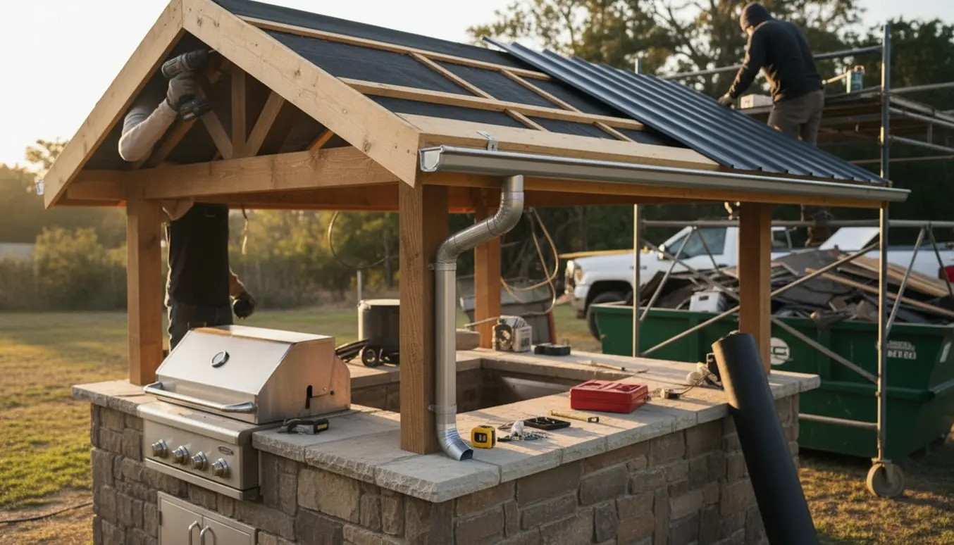 Håndværkere udskifter tag og monterer en ny tagrende over et udendørskøkken med værktøj og affaldscontainer i baggrunden.