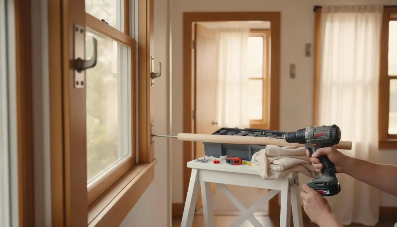 Hænder monterer gardinbeslag over et vindue med værktøj og færdige beslag synlige i et tilstødende rum.
