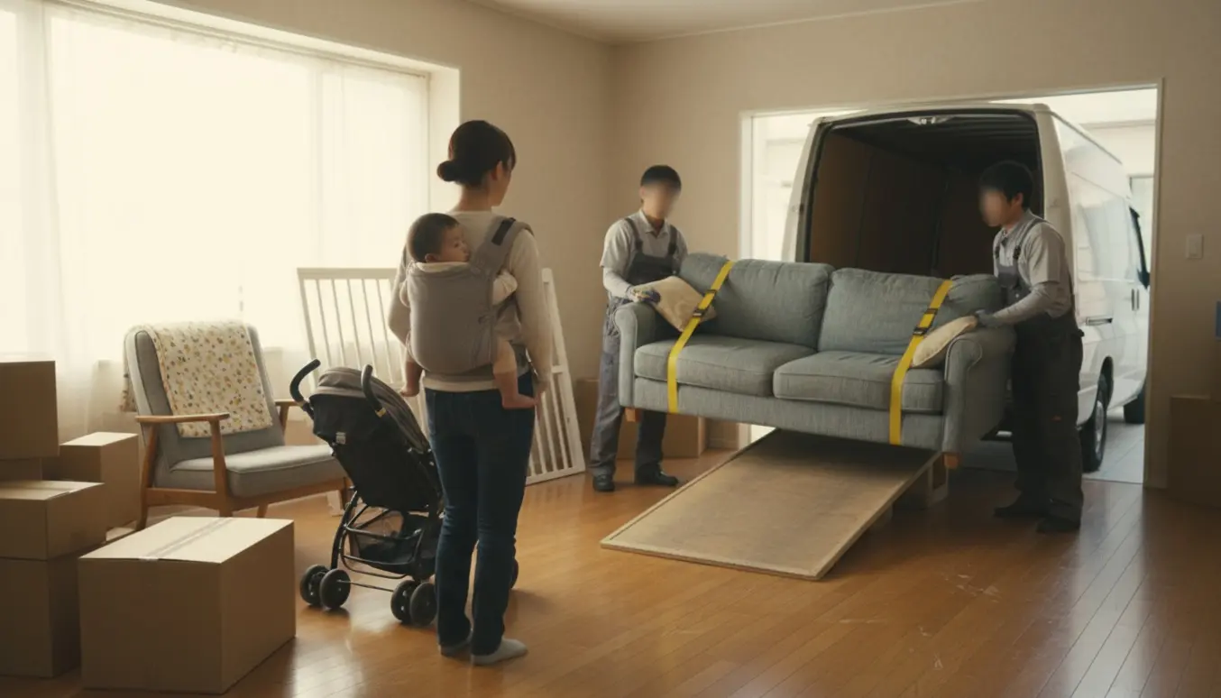 En mor set bagfra ser på, mens flyttemænd fjerner en slidt sofa fra hendes lejlighed med babyudstyr i baggrunden.