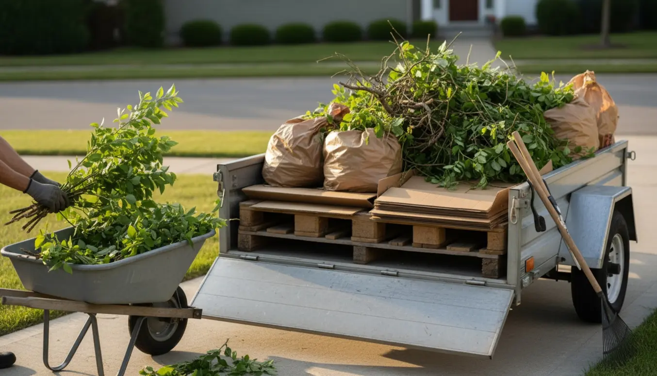 Åben trailer fyldt med to paller, pap og grønt haveaffald ved siden af haveredskaber, klar til afhentning.