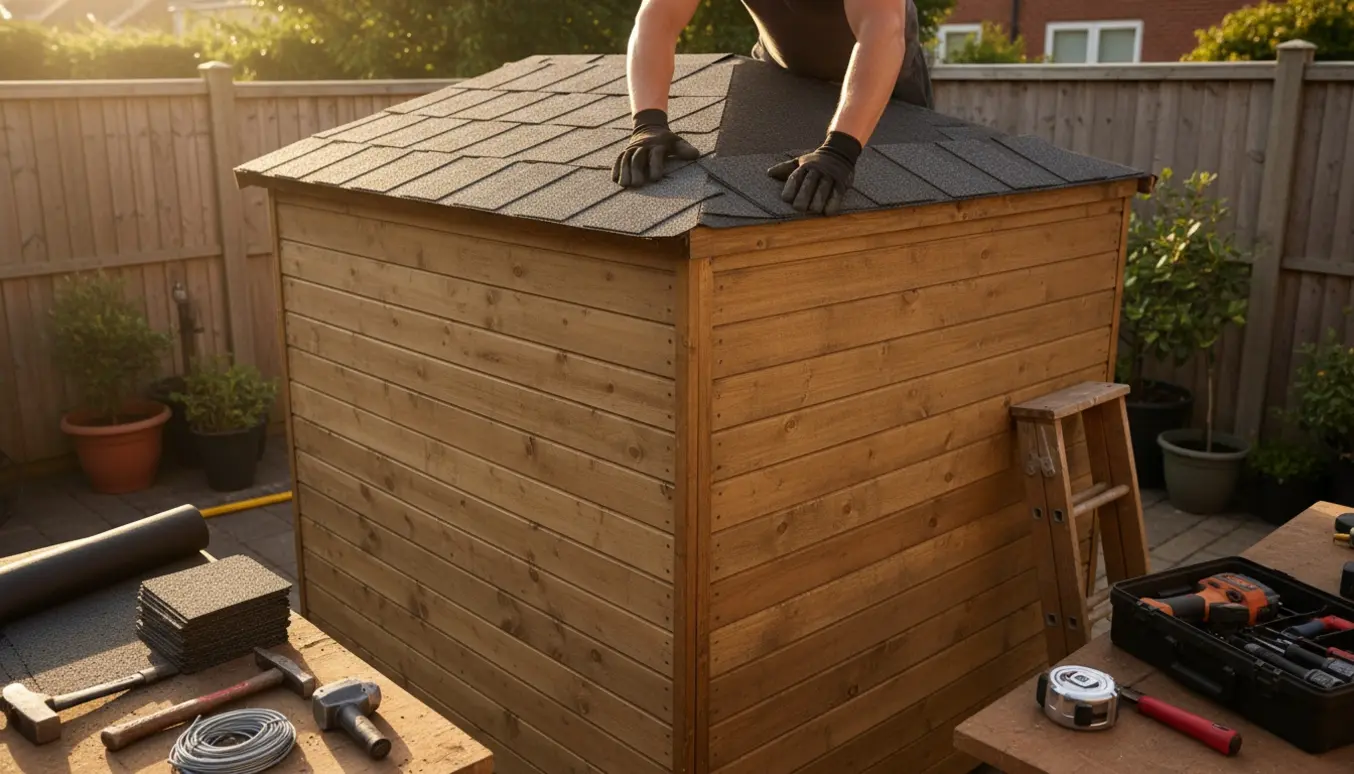 Nært billede af hænder, værktøj og tagmaterialer mens et lille haveskur får lagt nyt tag.