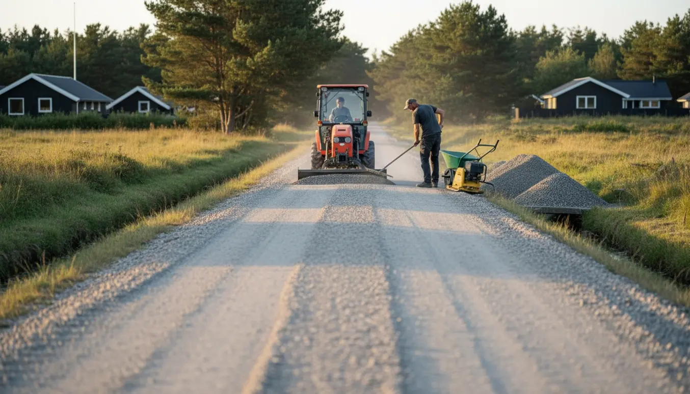 Vedligeholdelse af en grusvej ved sommerhusområde med traktor, rive og bunker af nyt grus.