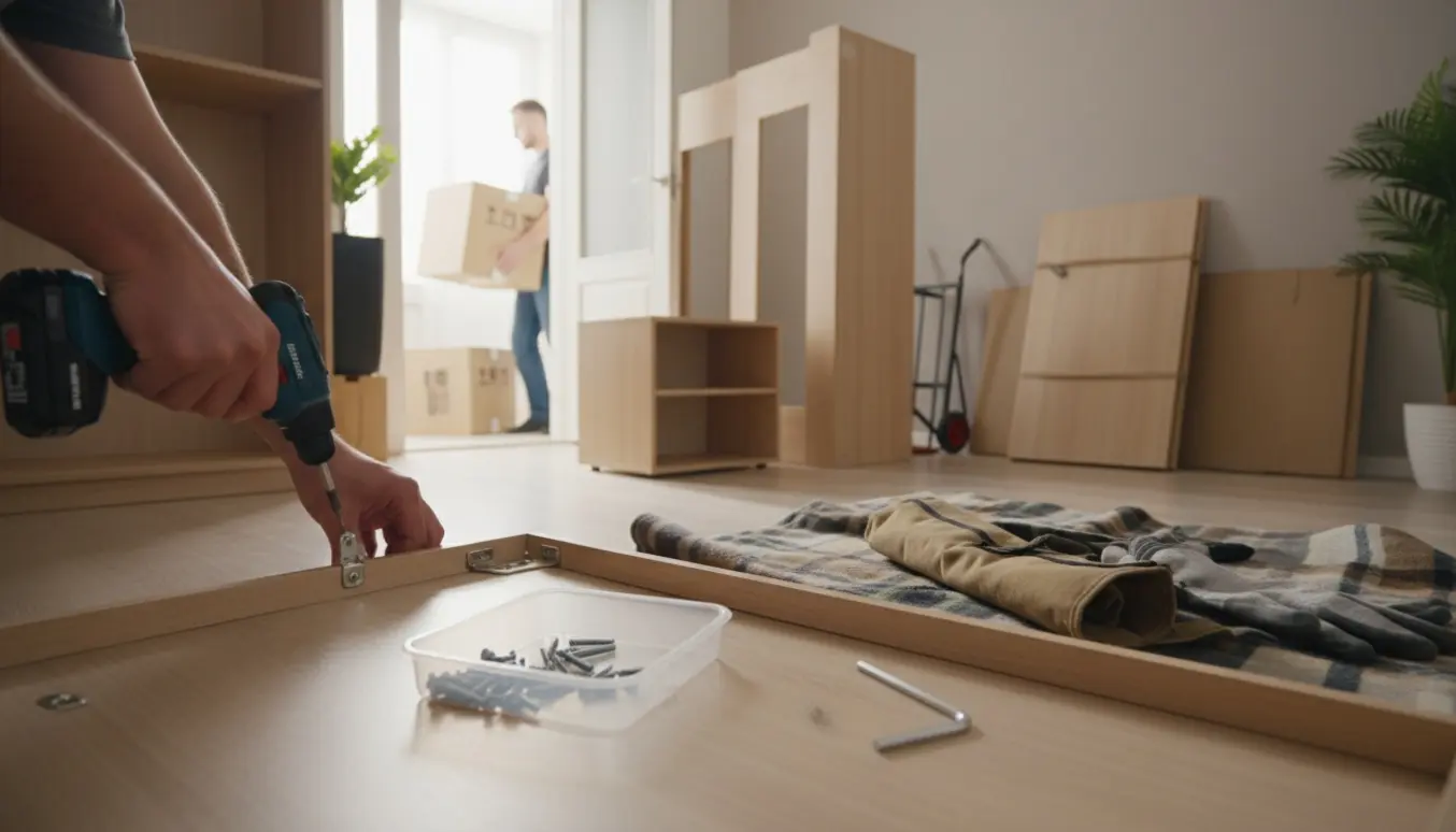 Aftagede garderobeskabslåger og værktøj i en lys lejlighed, klar til at blive flyttet.