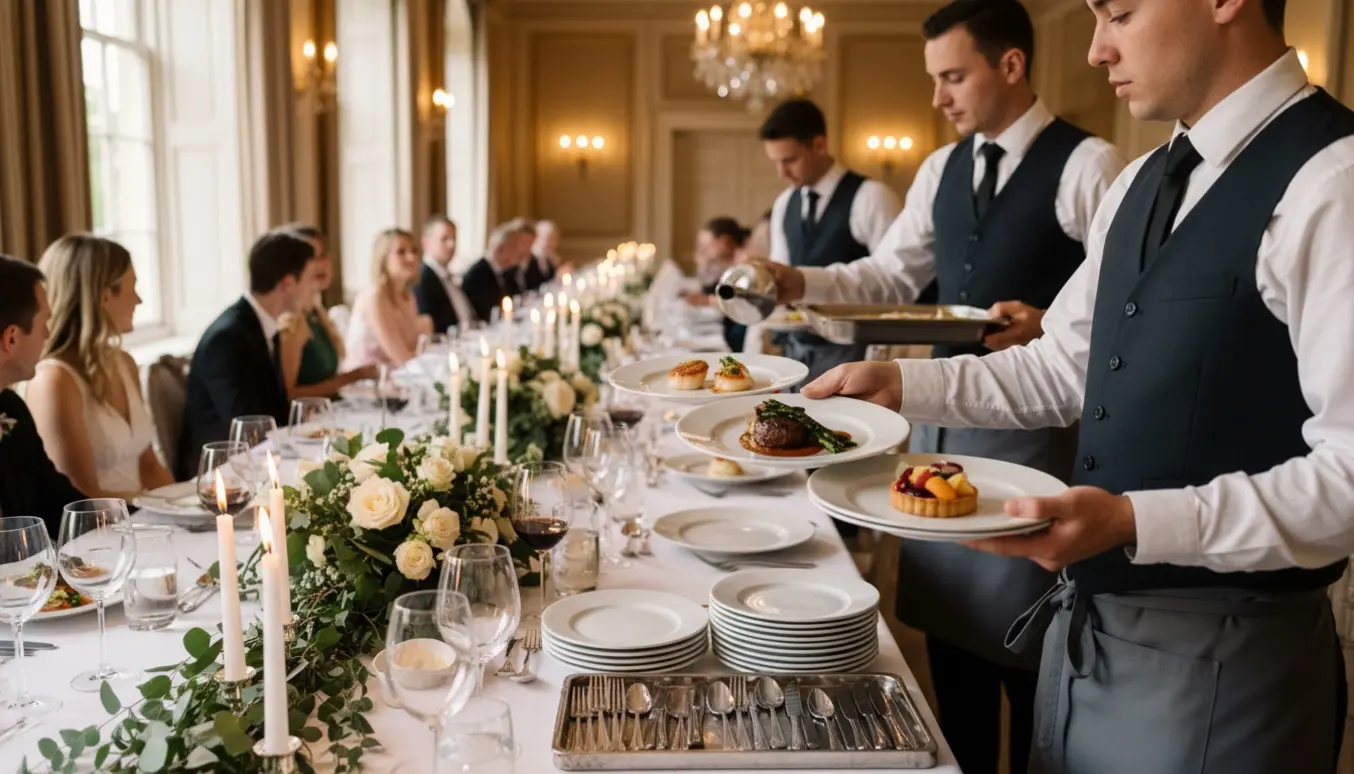 Serveringspersonale serverer en 3-retters menu ved et elegant bryllup med dækkede borde.