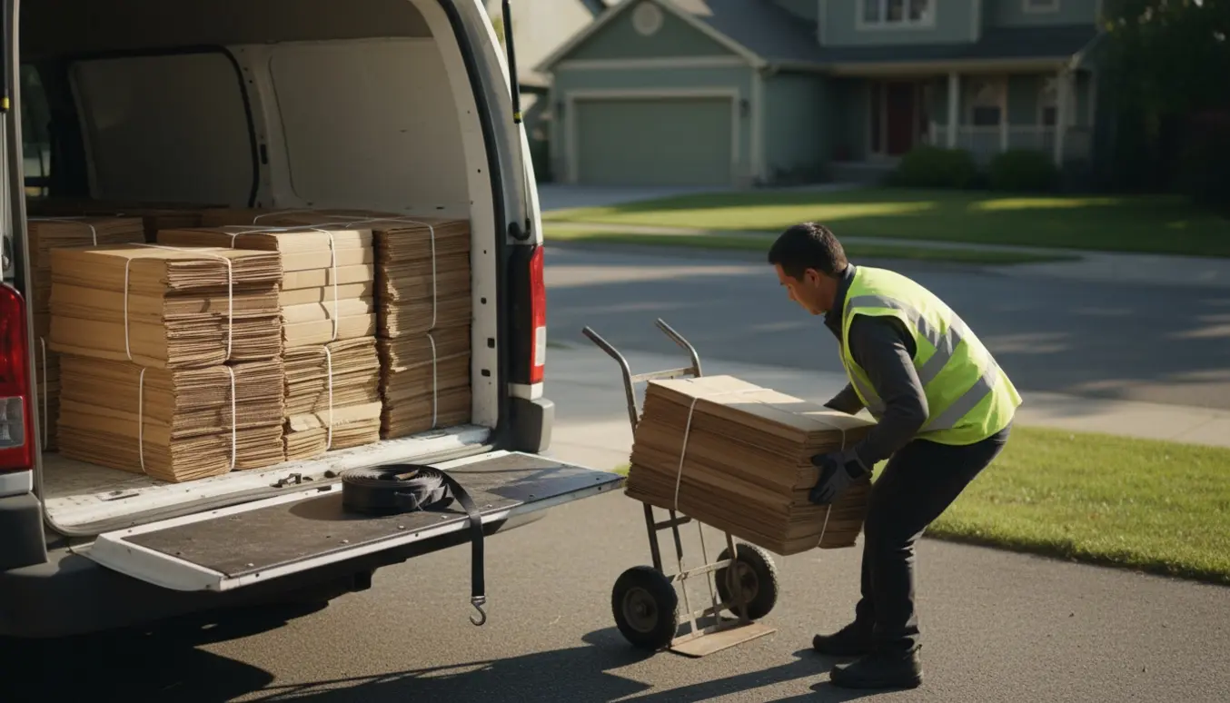 Arbejder læsser sammenbundne papkasser på en varevogns tailgate ved afhentning af affald.
