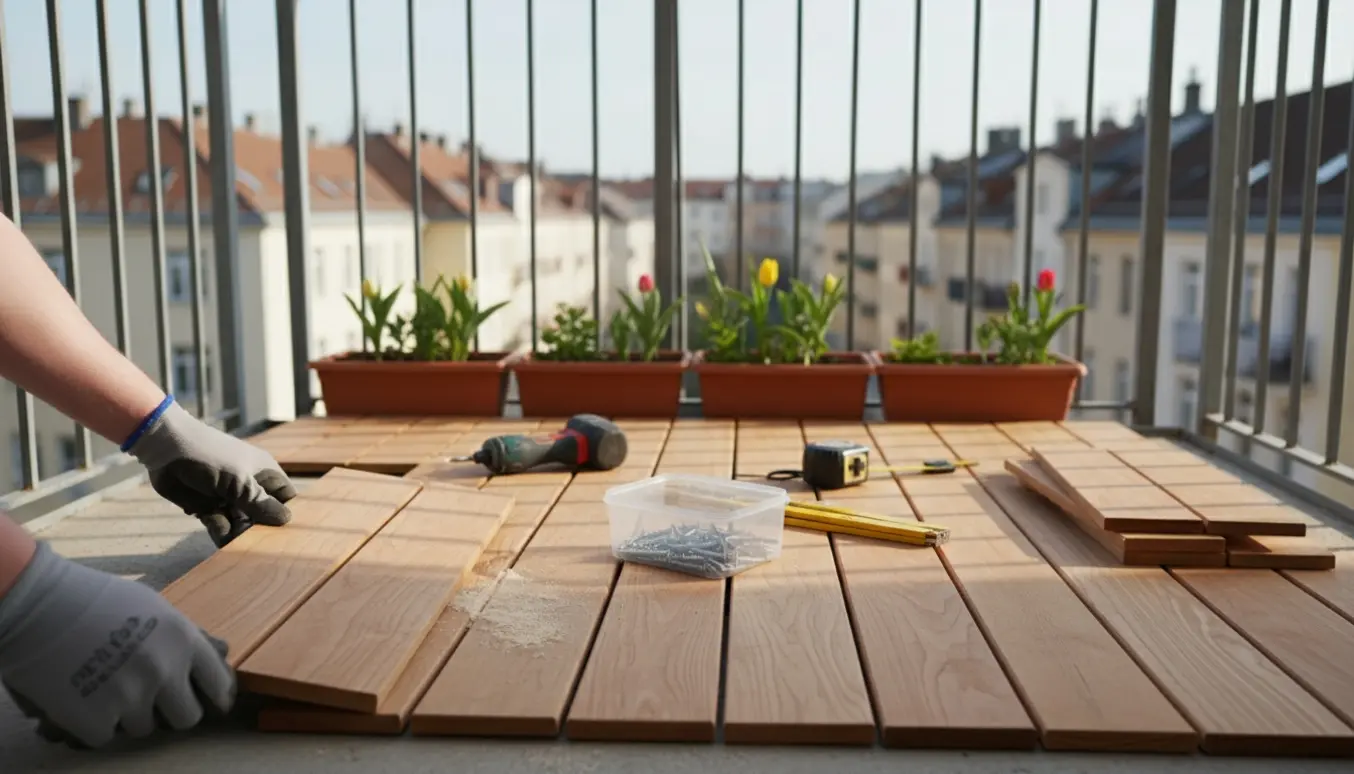 Ny træterrasse på altan under installation med værktøj og hænder i forårssol.