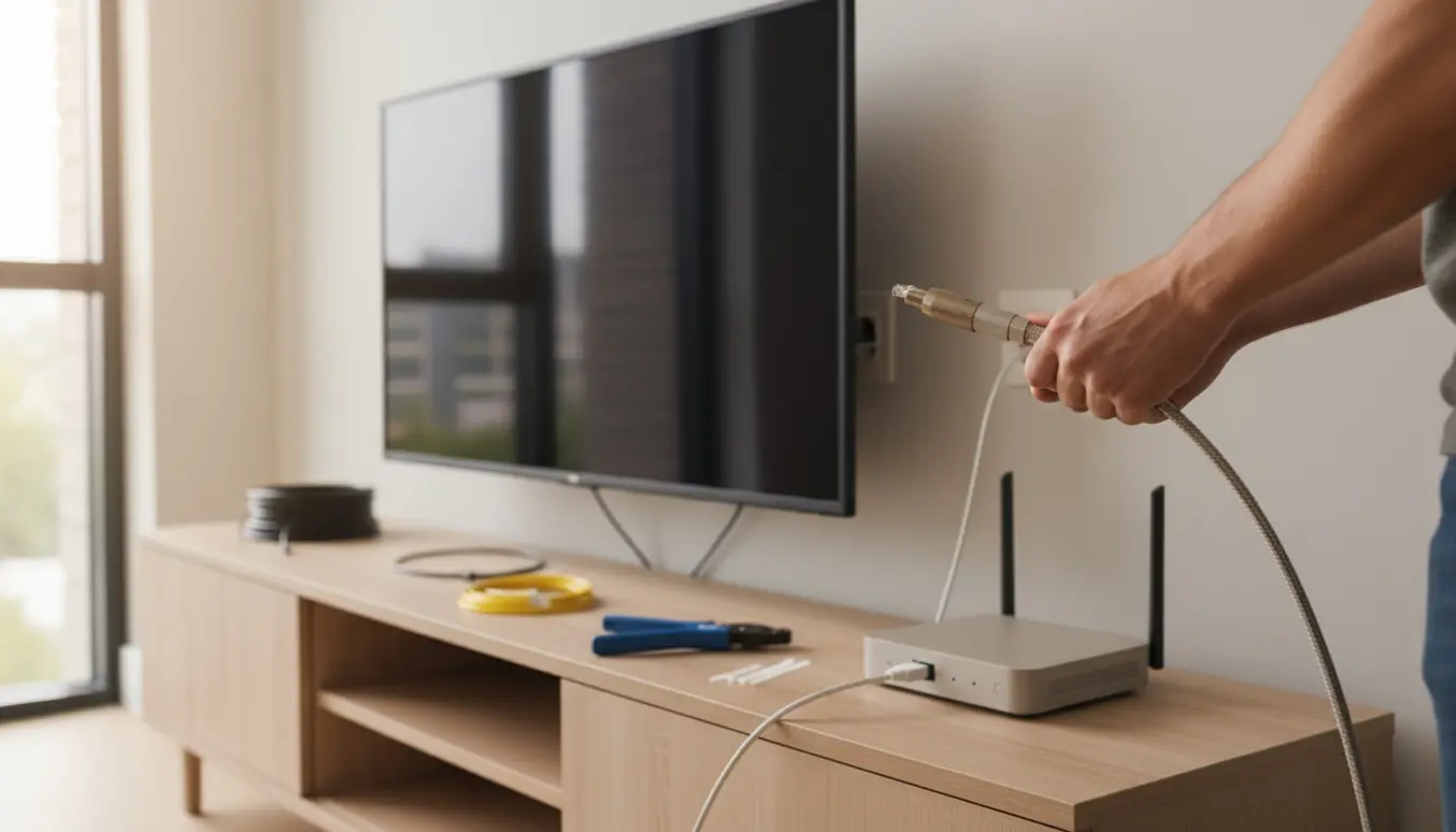 Hænder tilslutter coax- og ethernetkabler bag et vægmonteret fladskærms-TV med en router på et mediebord.