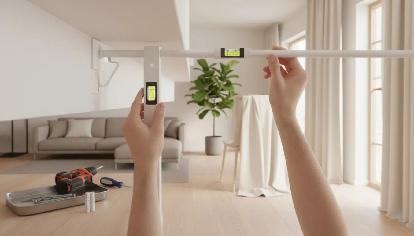 Opsætning af gardinstang i stuen med hænder på en stige og værktøj klar.