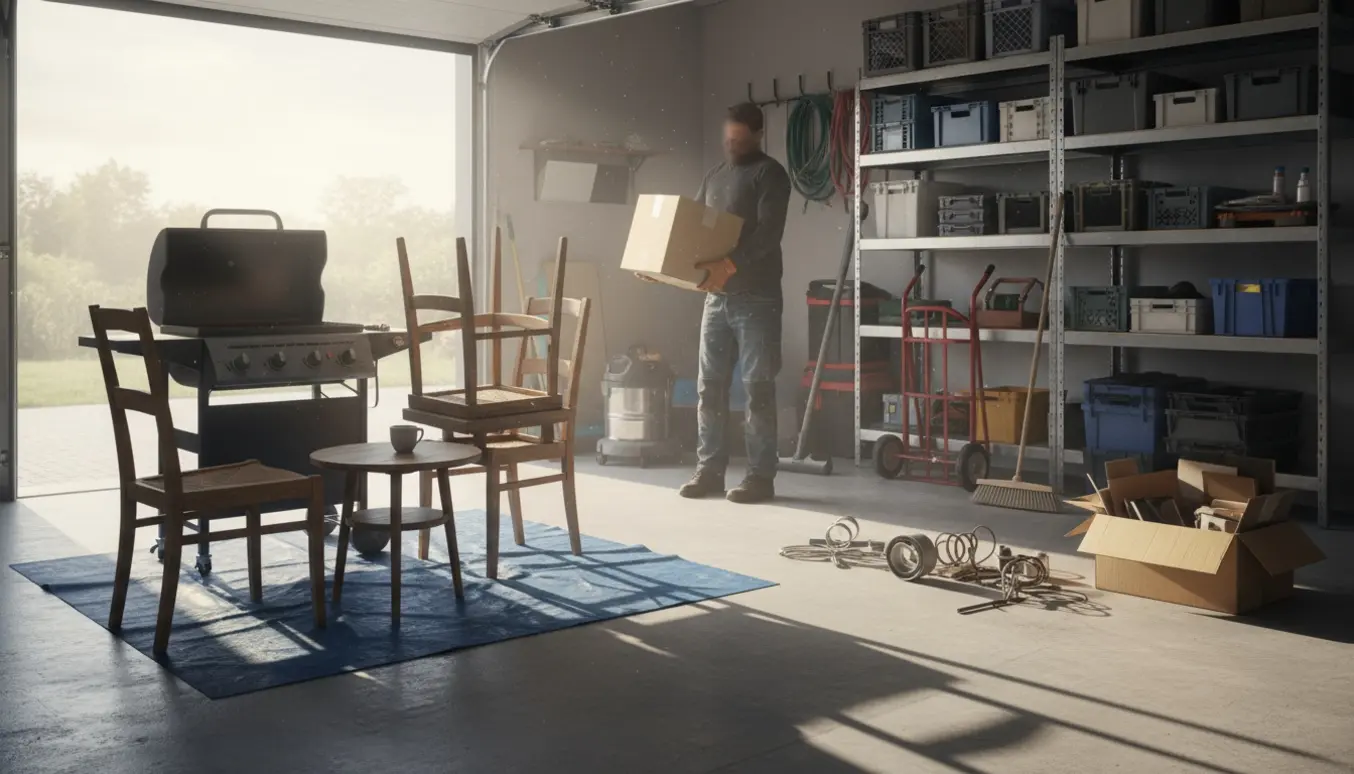 Garage i Herning under oprydning med genbrugstinge, møbler og en grill klar til afhentning.