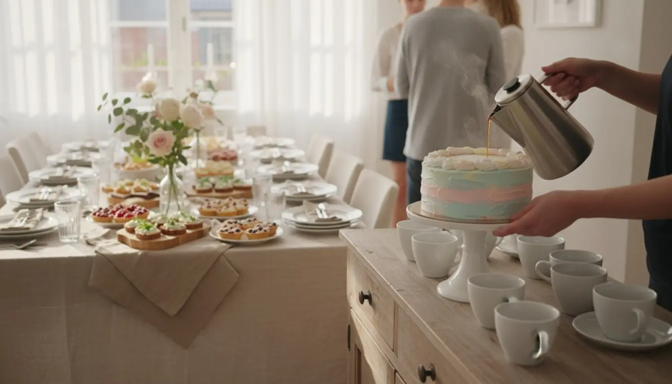Hænder sætter kage og kaffe frem ved et langt bord i et lyst hjem for en sekulær konfirmationsfest.