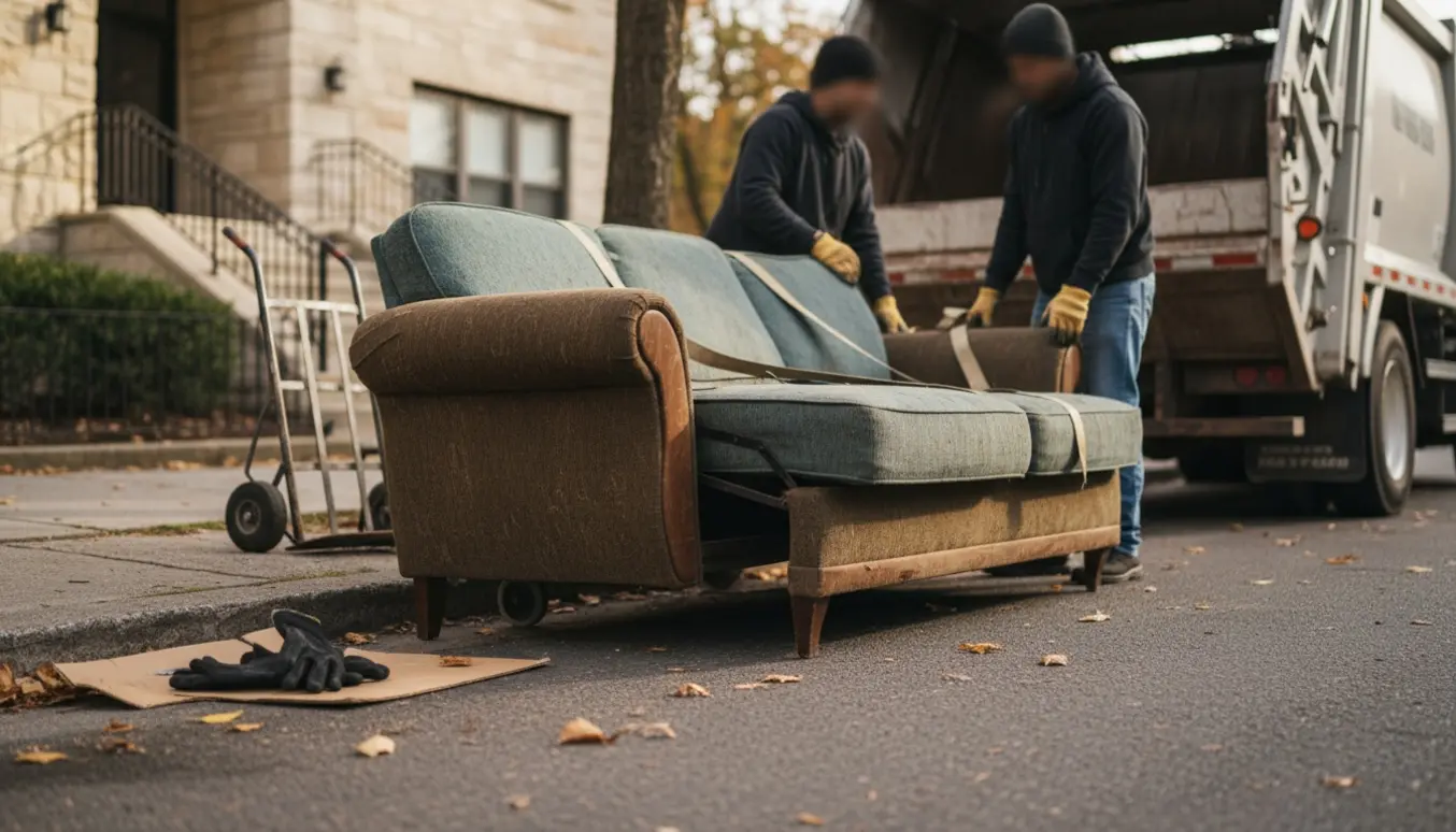 Sovesofa ved vejkant klar til storskrald, to personer løfter den med flyttevogn.