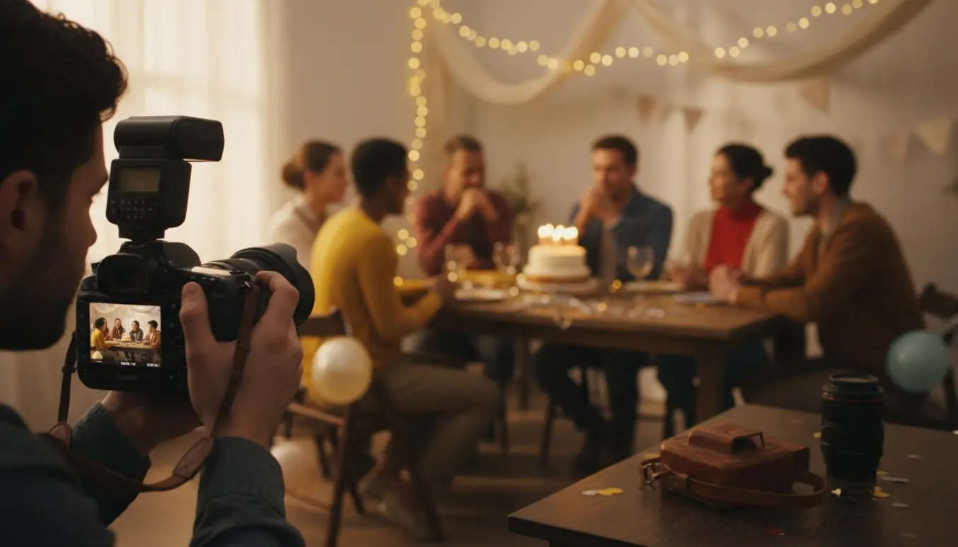 En fotograf tager stemningsfulde billeder af gæster omkring et fødselsdagsbord med kage og lyskæder.