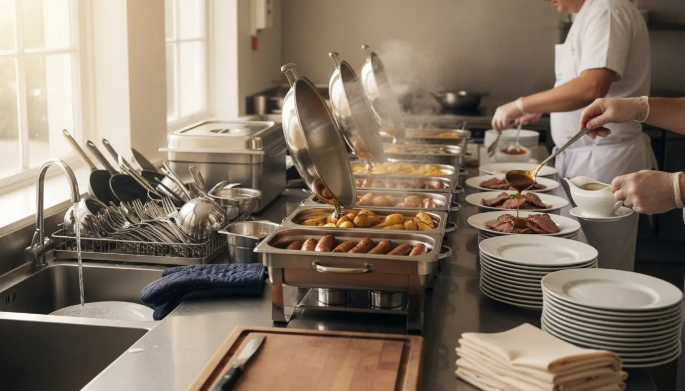 Hænder anretter buffetretter og fylder op til en konfirmation.