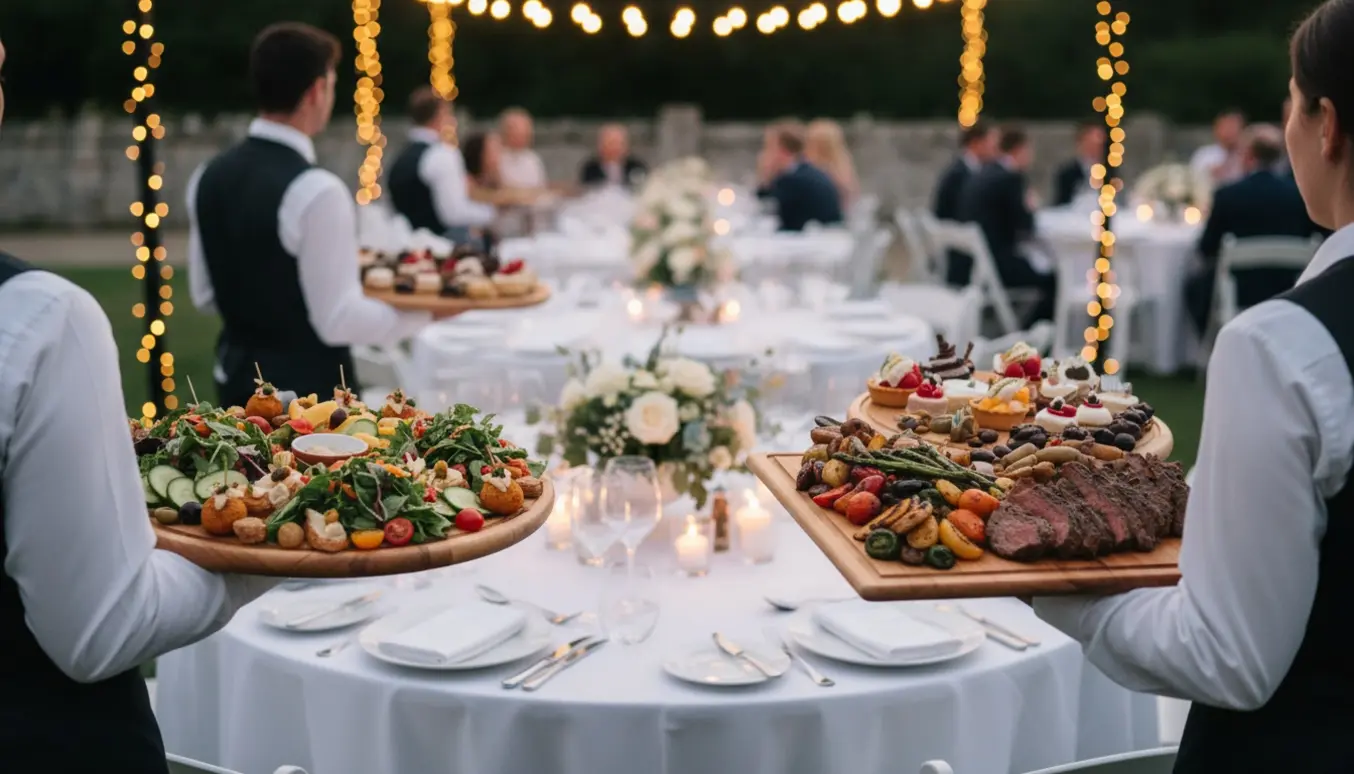To tjenere bærer fade med tre-retters social dining hen mod oplyste bryllupsborde.