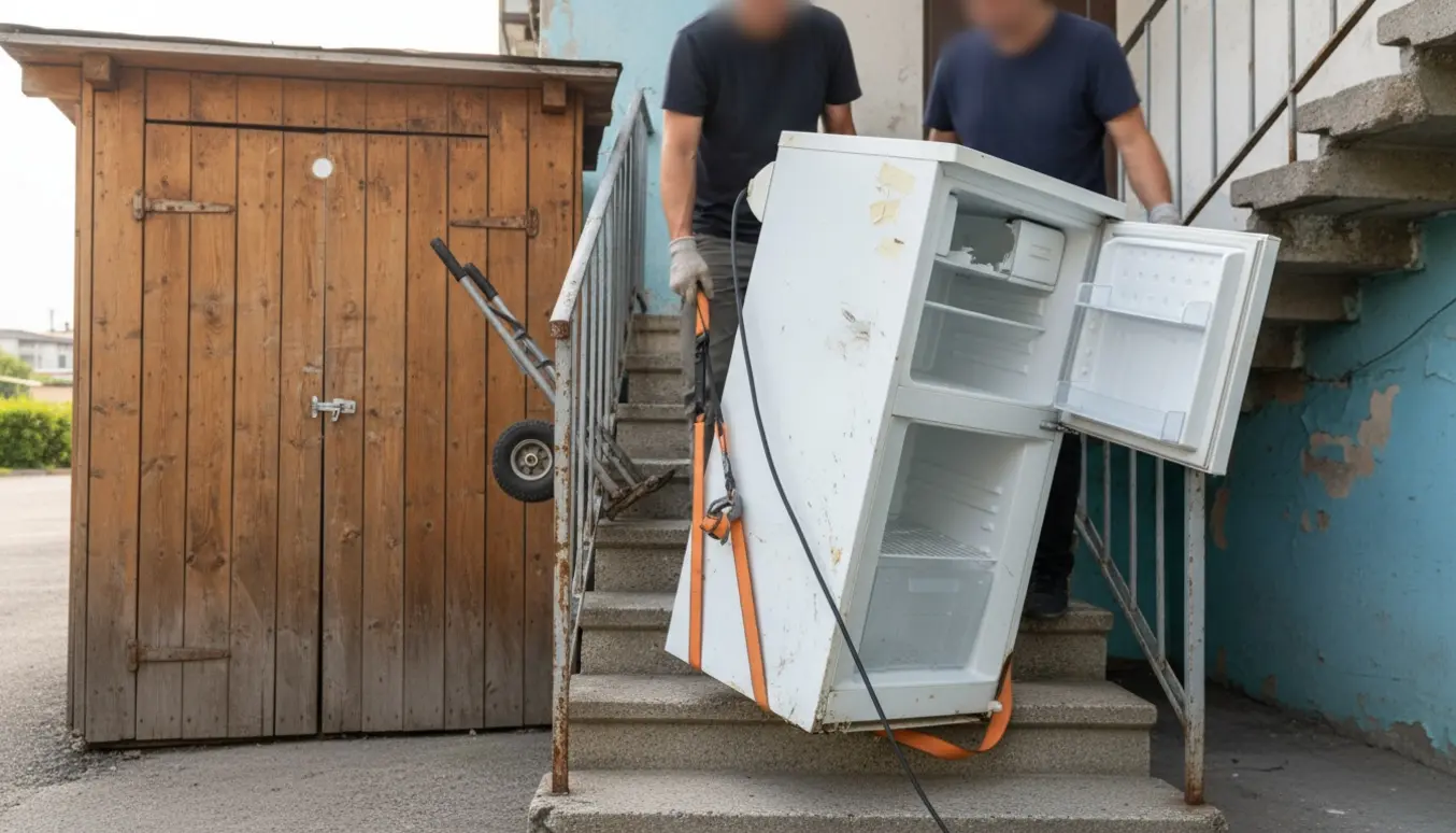 To personer bærer et defekt køle-/fryseskab ned fra anden sal mod et skraldeskur.