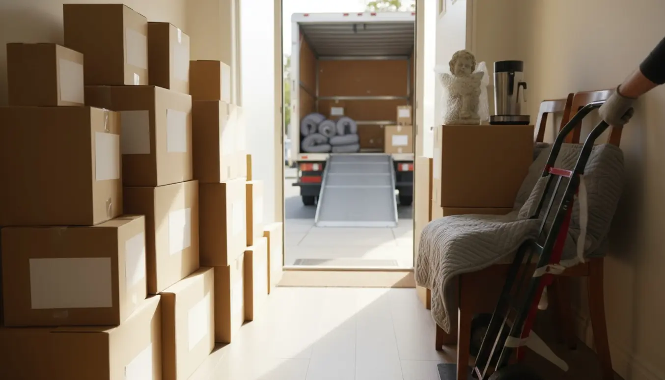 Stabler af flyttekasser i en opgang med indpakkede stole, en indpakket havefigur og en kaffemaskine klar til at blive læsset.