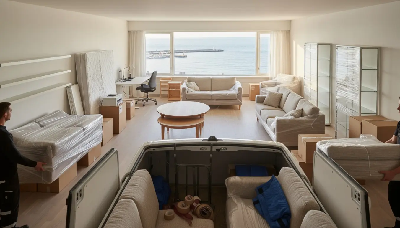Åben flyttevogn og en stue med møbler og stabler af flyttekasser klar til flytning, med kystudsigt i baggrunden.