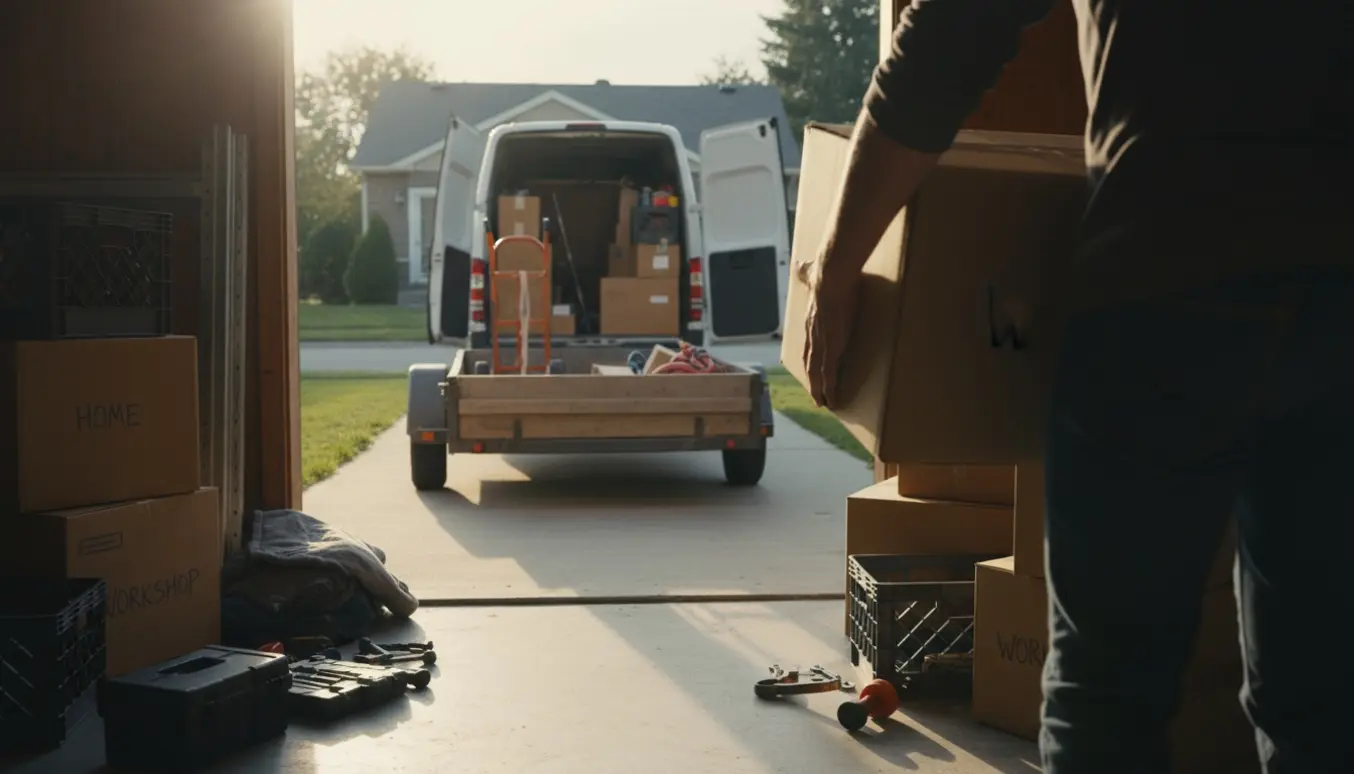 To hjælpere læsser kasser, værktøj og reoler fra et kælderrum op i en trailer og varevogn.