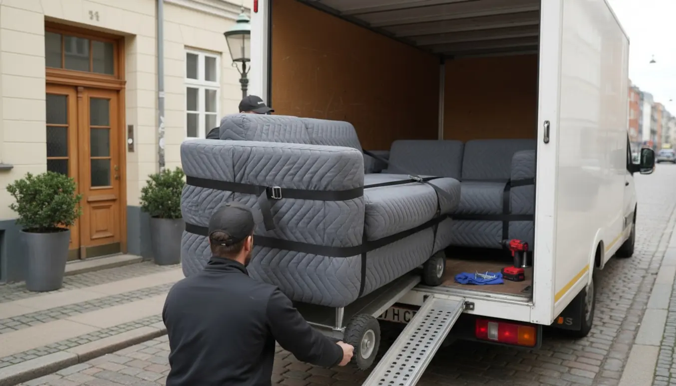 To sofamoduler pakket i flyttetæpper løftes ind i en varevogn, med rygstykke løsnet og værktøj ved siden af.