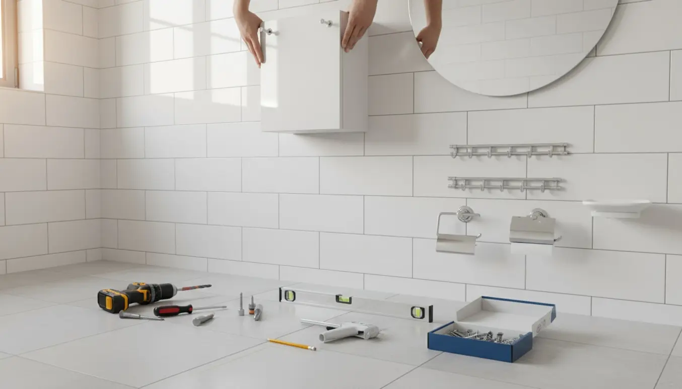 Nyrenoveret badeværelse med værktøj og materialer til montering af skab, spejl og beslag.