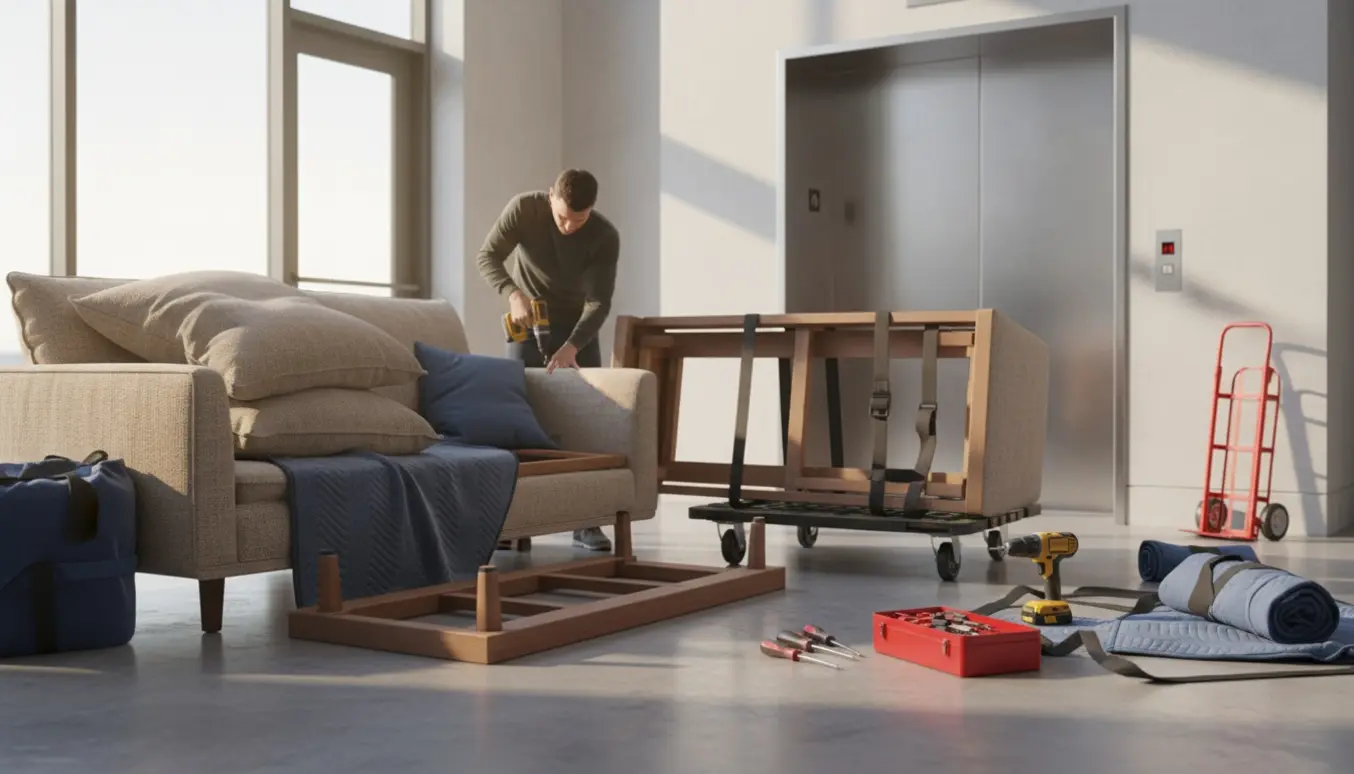 To flyttemænd demonterer en stor sofa i en opgang ved en elevator med værktøj og flytteudstyr.